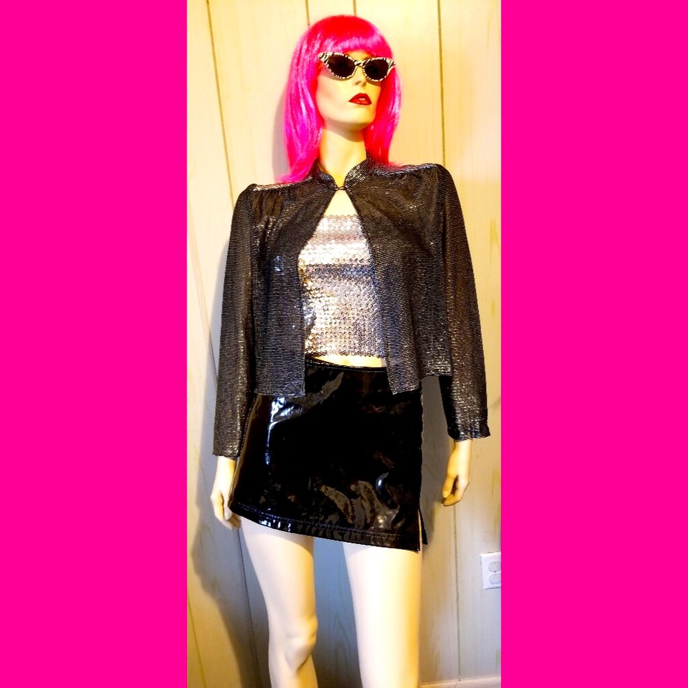 Vintage 70s DISCO GLAM Sheer Sparkly Metallic Silver Party Jacket